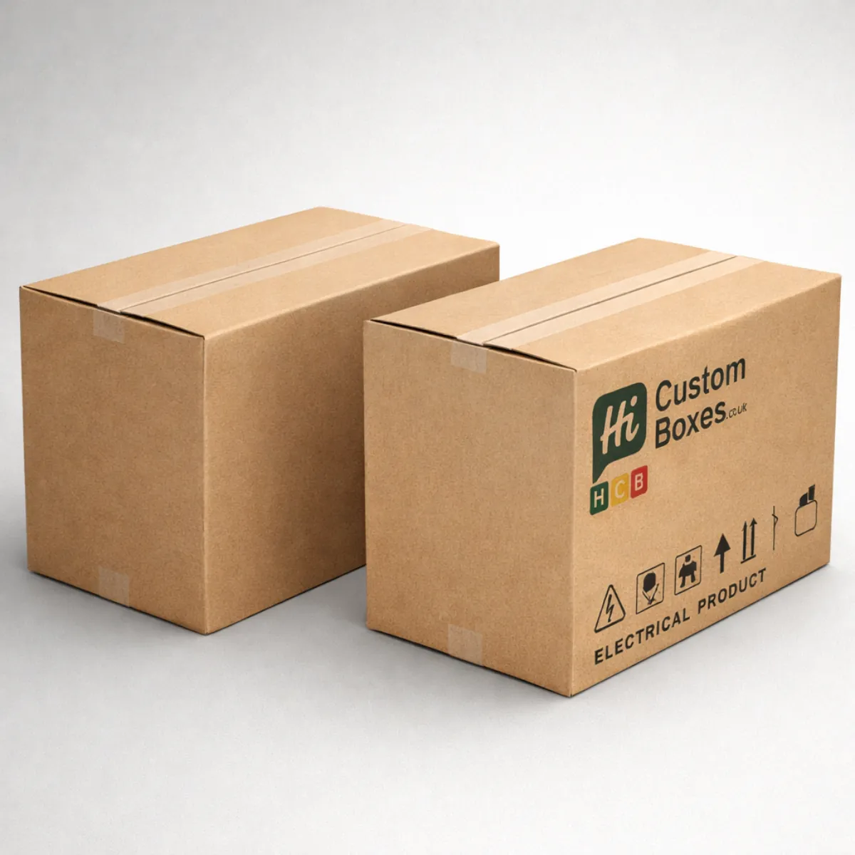 Two sturdy brown cardboard transit cartons featuring black 